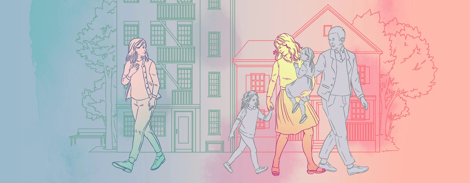 Illustration of woman looking at her best friend with her family walking away.