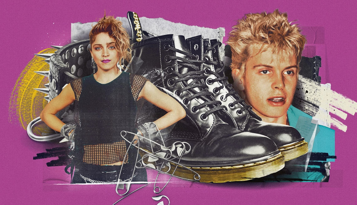 A photo illustration of Madonna and Billy Idol showing their 1980s fashion