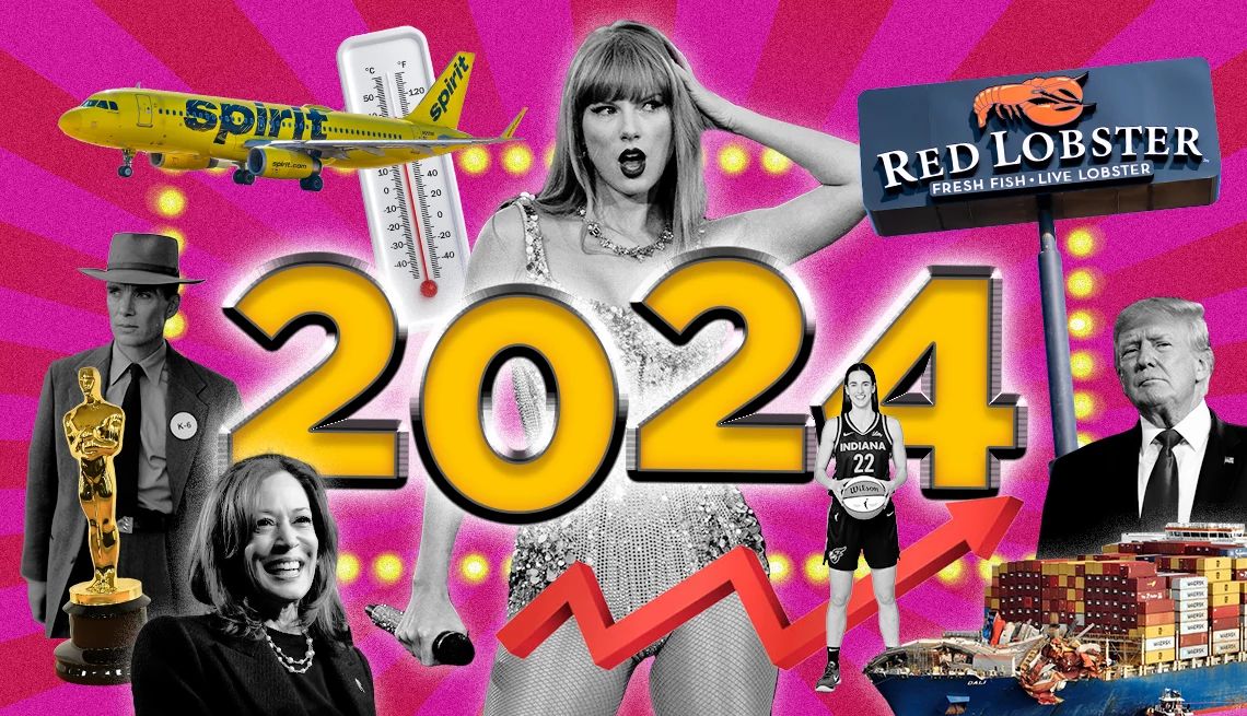 2024 Year in Review Quiz glowing 2024 numbers with clips from the year