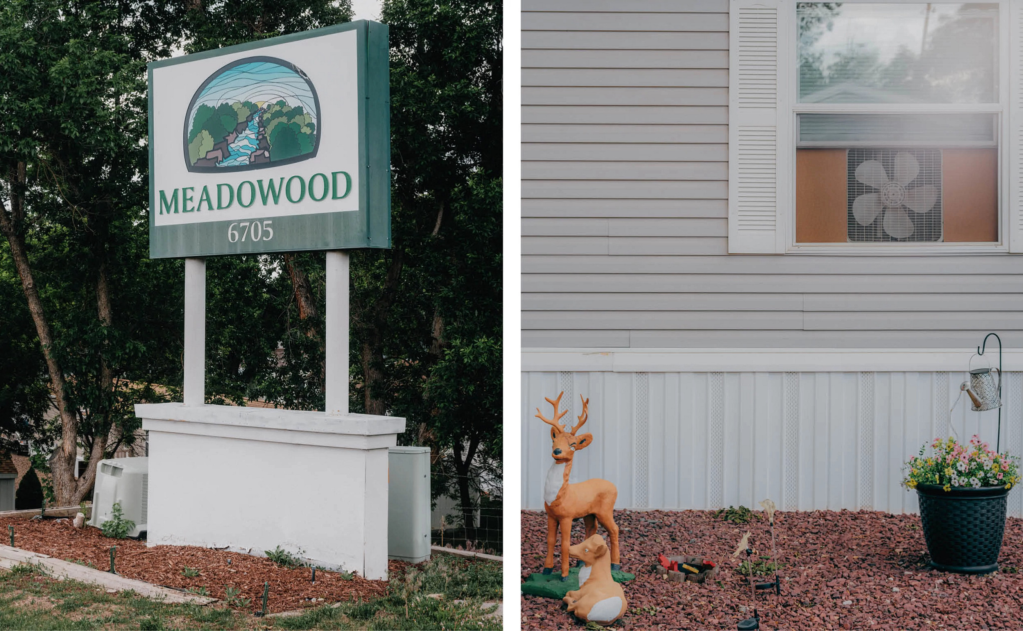 A la izquierda el cartel en la entrada de la comunidad Meadowood, a la derecha una casa prefabricada con su jardin decorado.