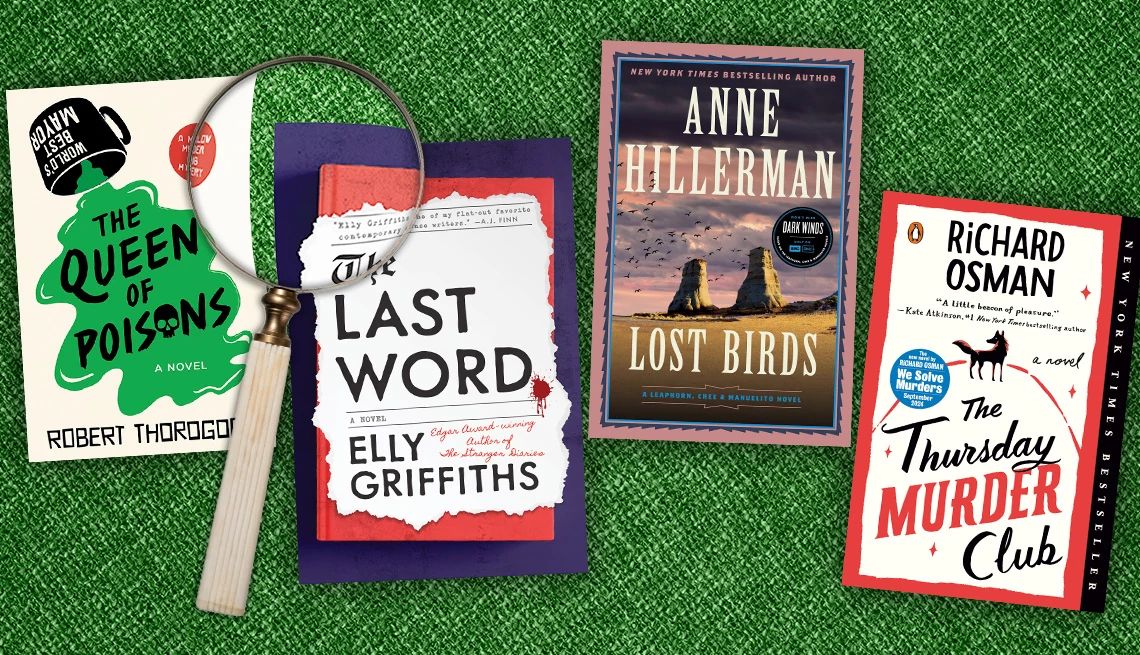 Books with older sleuths Collage of books including The Queen of Poisons, The Last Word, Lost Birds and Thursday Murder Club