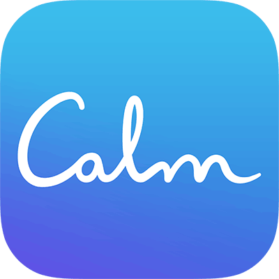 Calm Meditation & Sleep App blue curved edge square with calm in cursive, white text inside the square