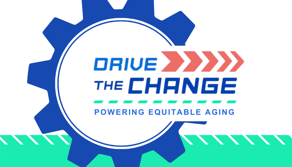 Promotion for the Grantmakers In Aging (GIA) annual conference A gear symbol with the text that reads, "Drive the Change" and "Powering Equitable Aging"