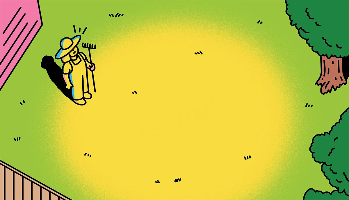 an illustration with an overhead view shows a woman in her backyard approaching a large beam of sunlight