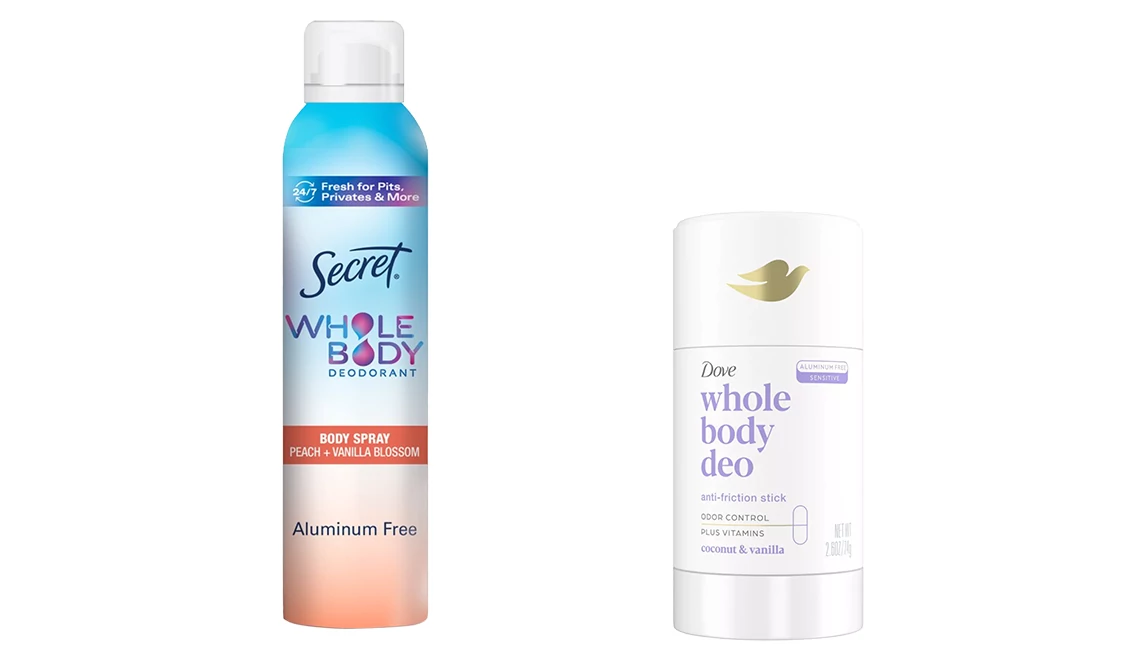 Secret Whole Body Deodorant Spray, Peach & Vanilla; Dove Whole Body Deodorant Anti-Friction Stick in Coconut & Vanilla