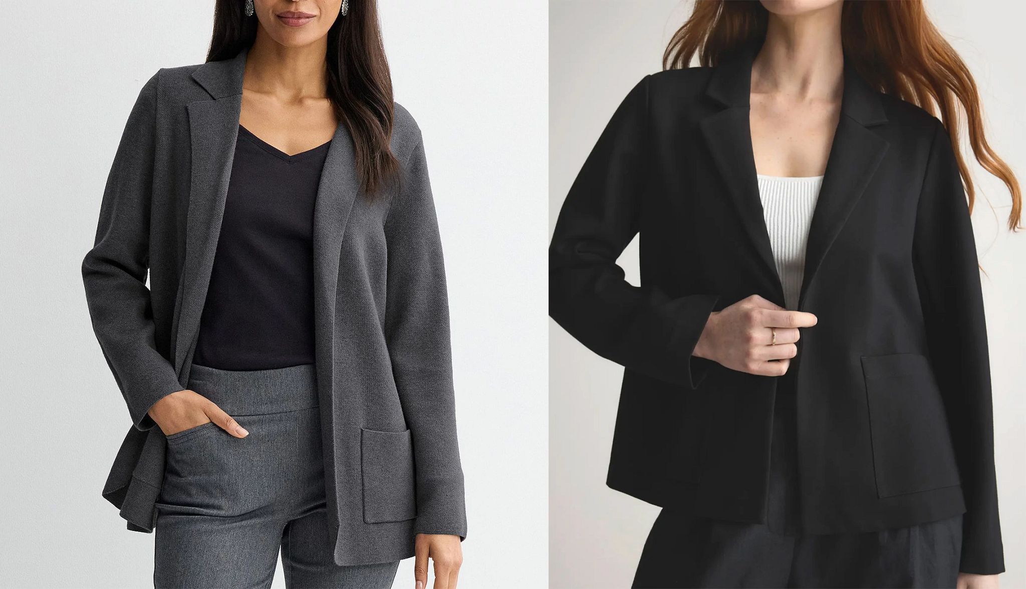 a collage with a sweater blazer and a stretch ponte blazer