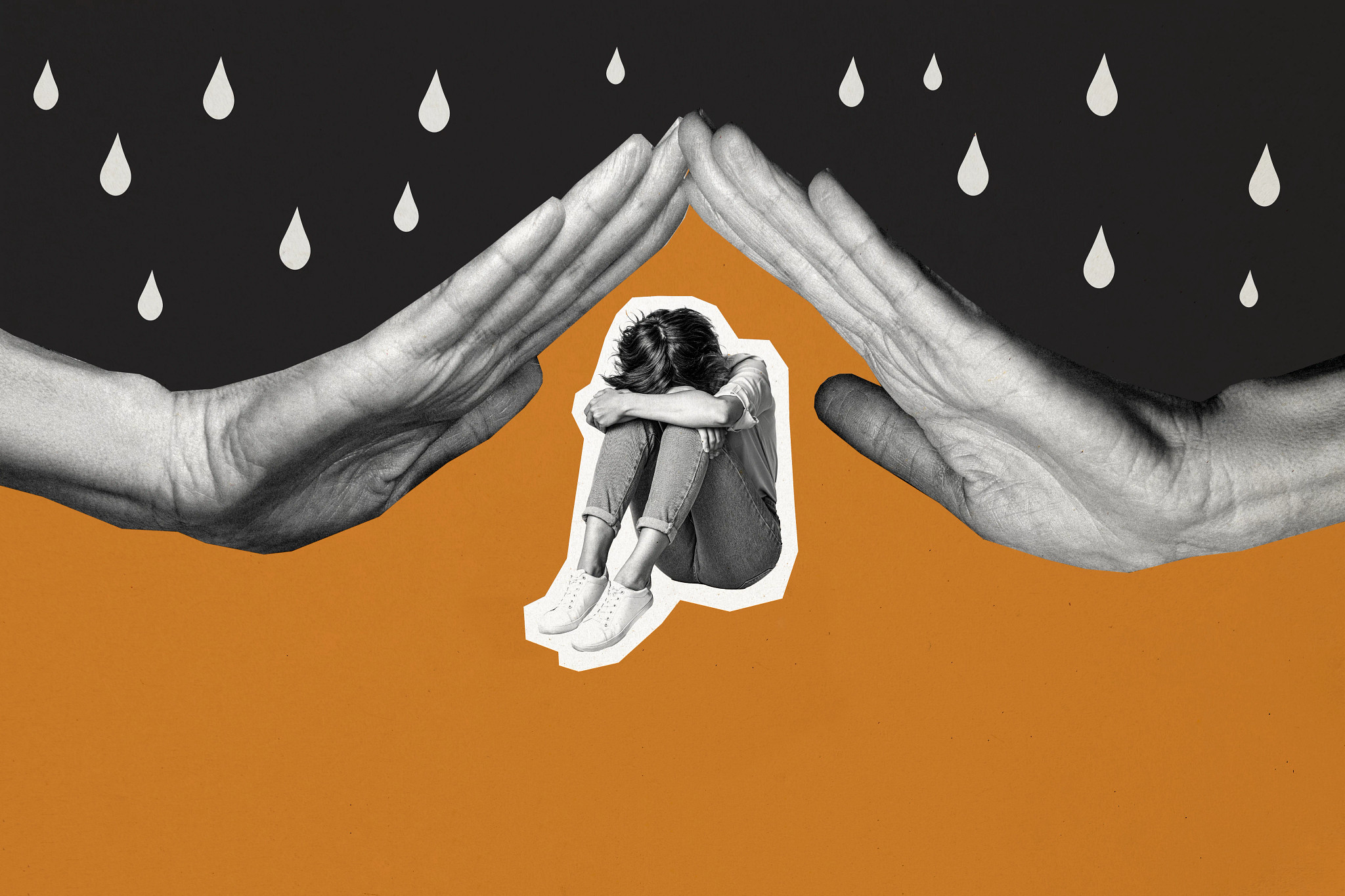 A person sitting with their head in their knees and two giant hands shielding them from rain.