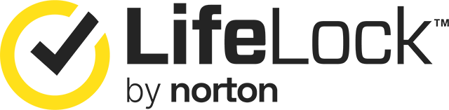 Lifelock by norton in black letters with yellow circle and black checkmark in it