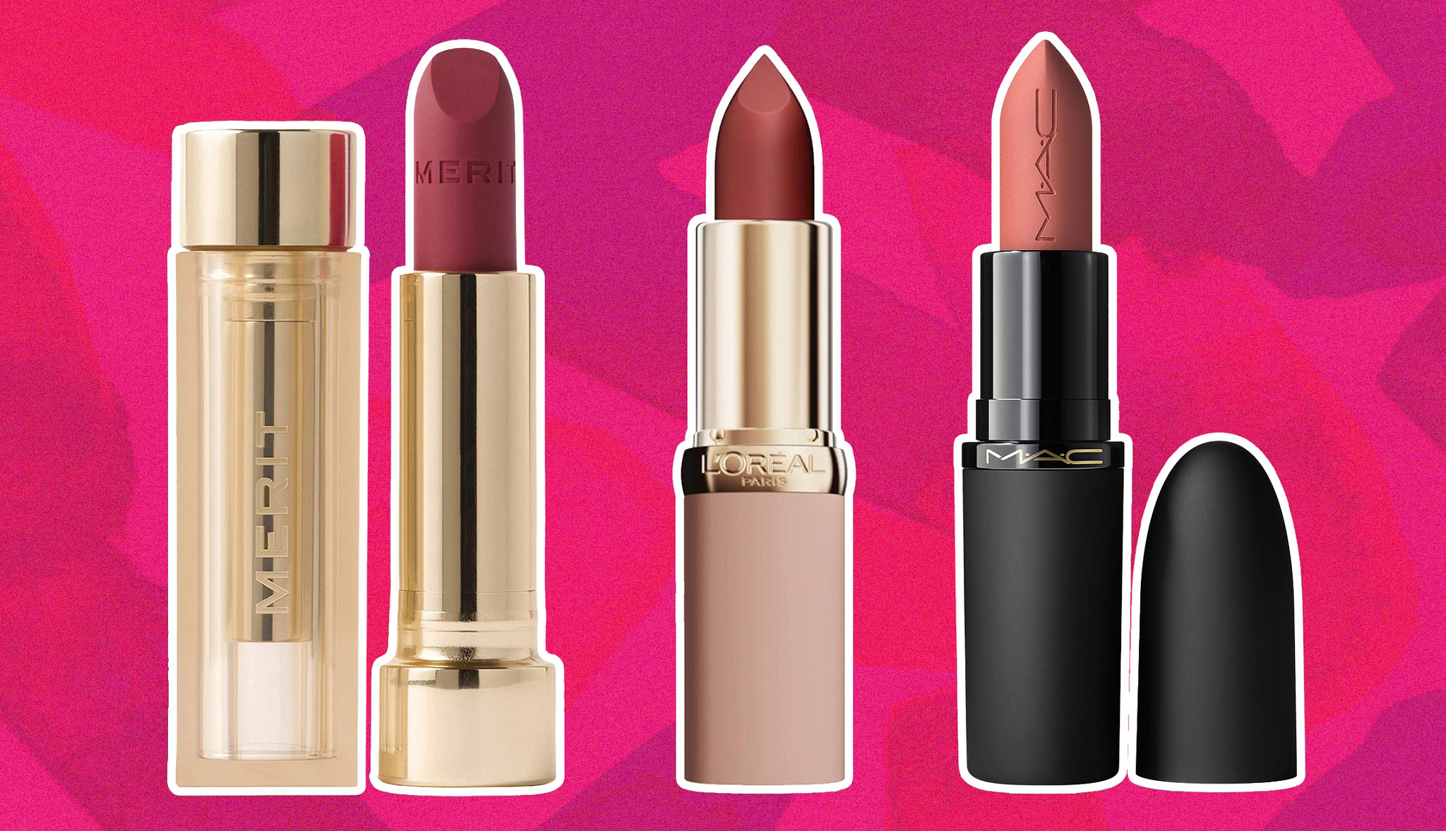 a collage with lip cosmetics that can be used to create the trendy blurred lip look