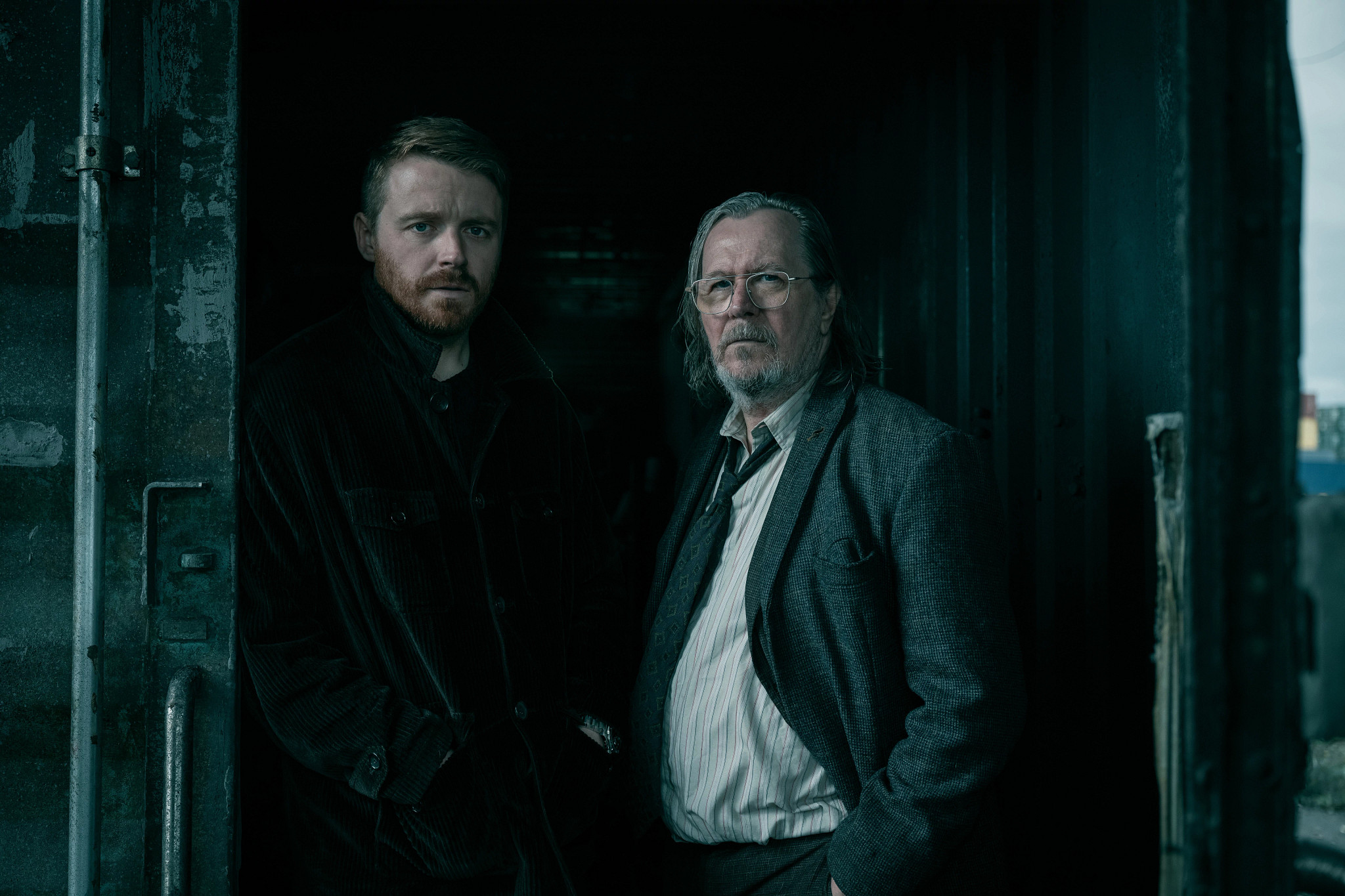 jack lowden and gary oldman in a scene from an episode of slow horses