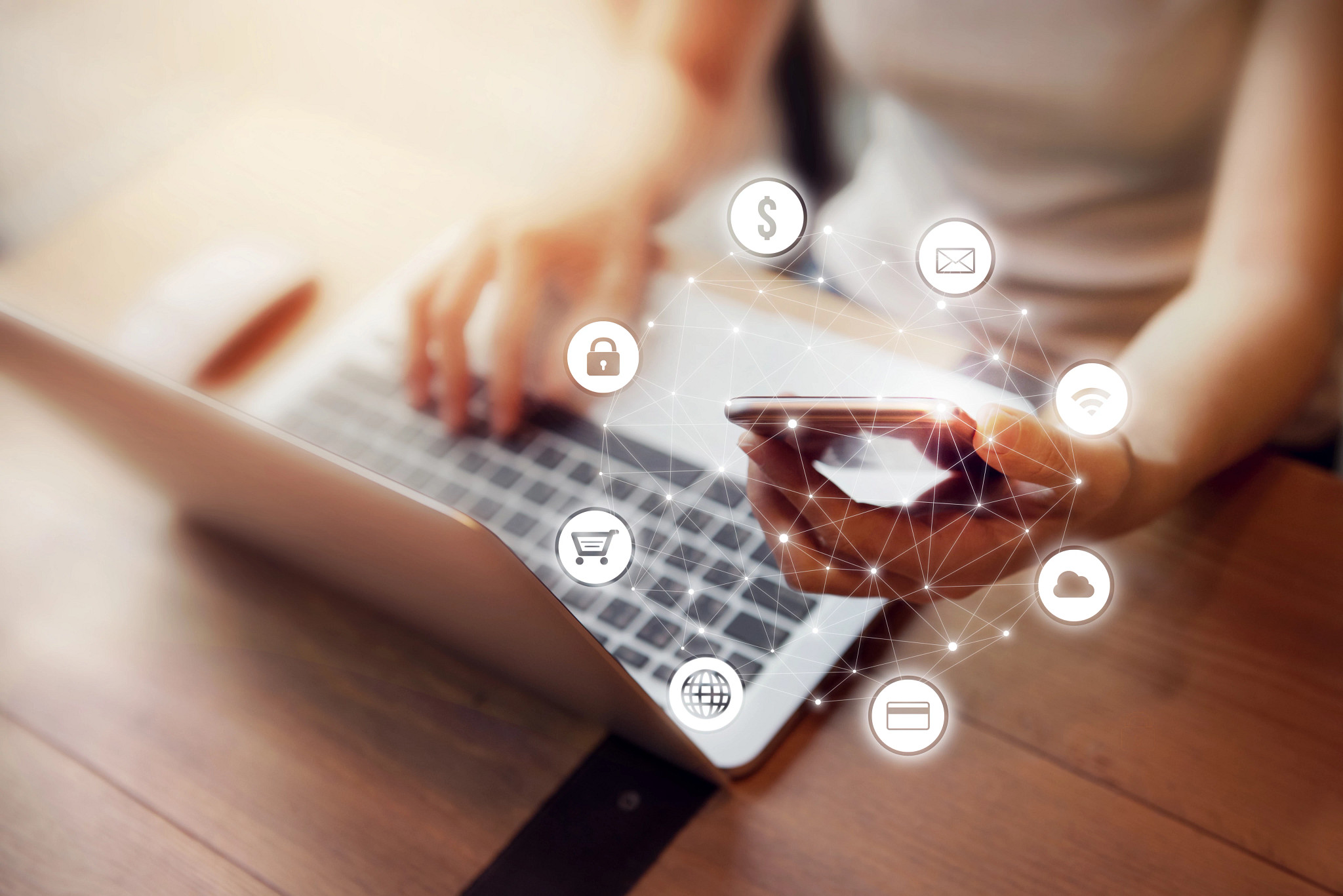 Woman hand using mobile and laptop payments online shopping and icon infographic customer network