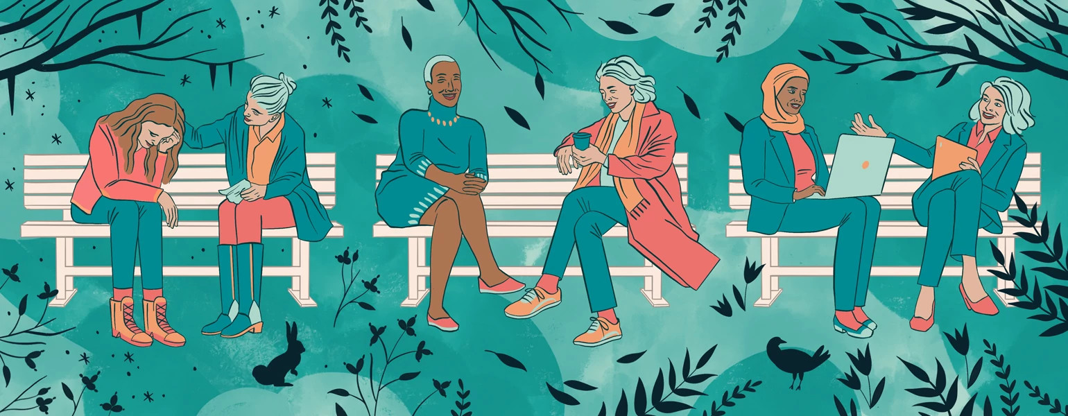 illustration of women sitting on benches with their best friends