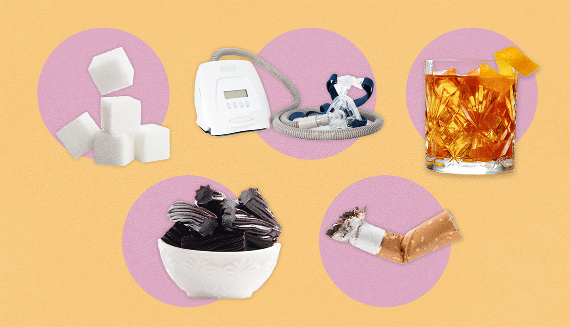 Things That Can Raise Your Blood Pressure collage of sugar, sleep anea, alcohol, black licorice and cigarettes