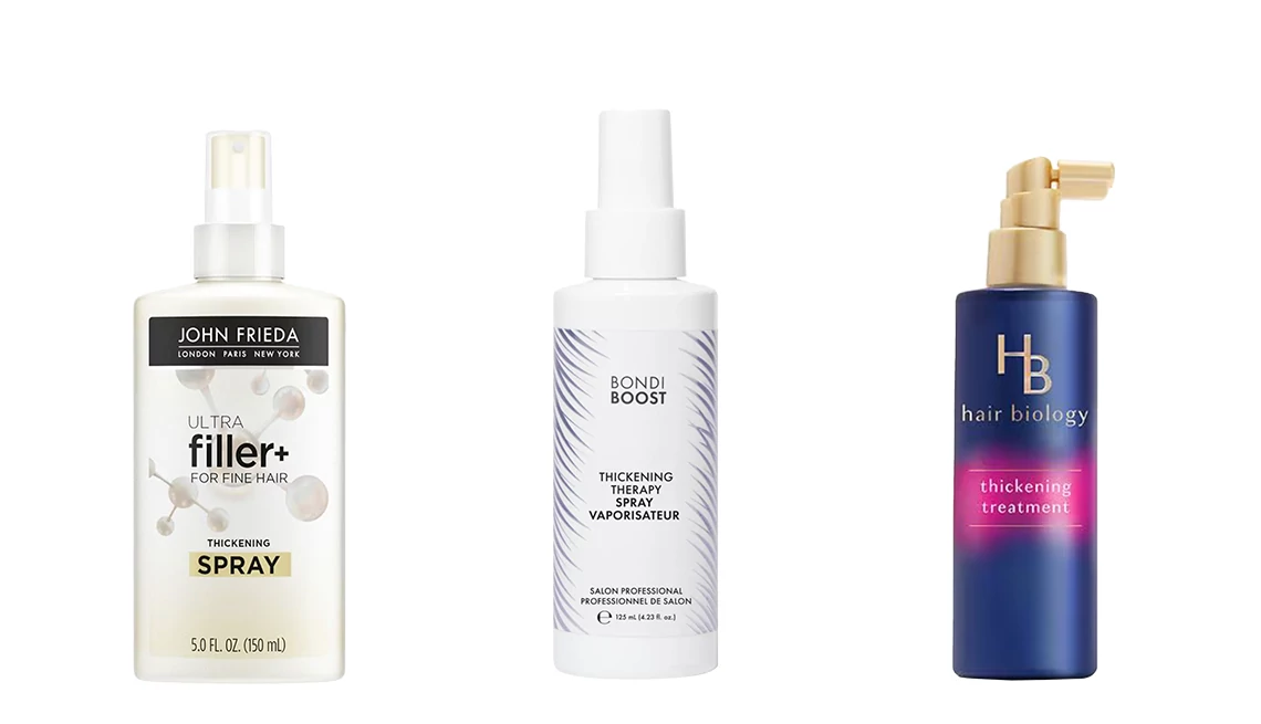 Hair thickening treatments John Frieda ULTRA Filler Thickening Spray for Fine Hair; Bondi Boost Thickening Therapy Styling Spray; Hair Biology Biotin Thickening Spray