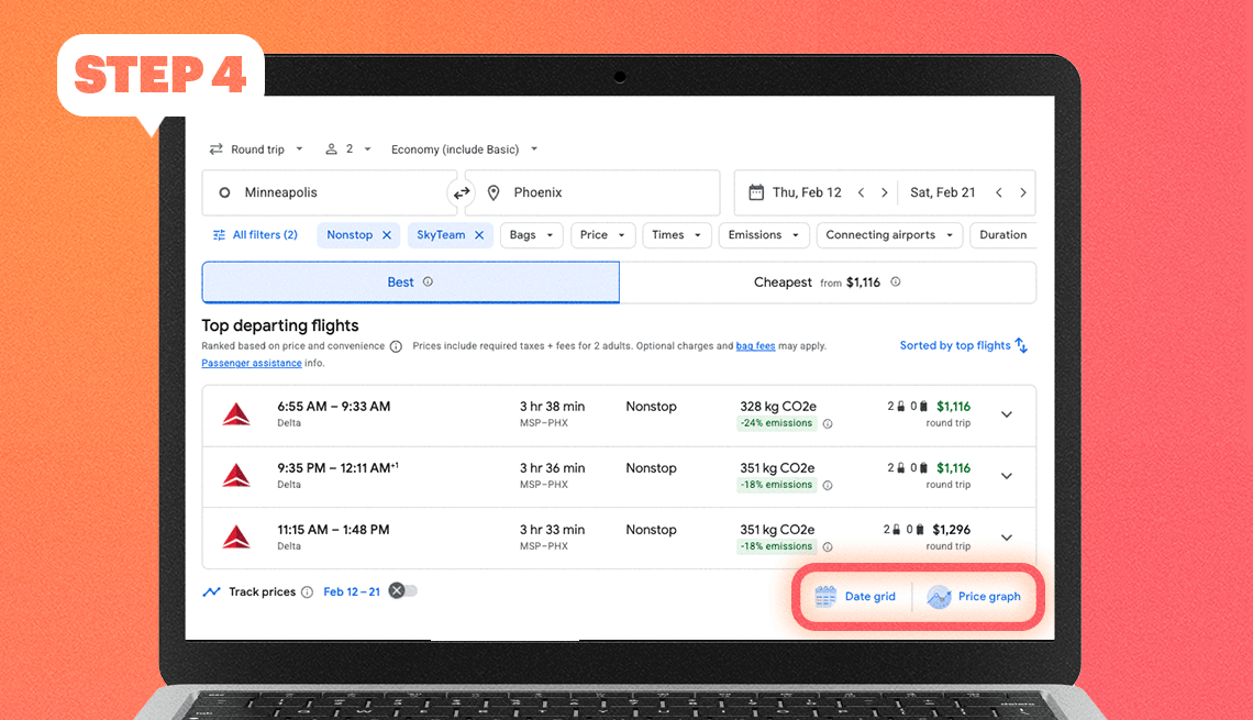 a gif of a laptop with a date grid and price graph for searching for flights on the screen