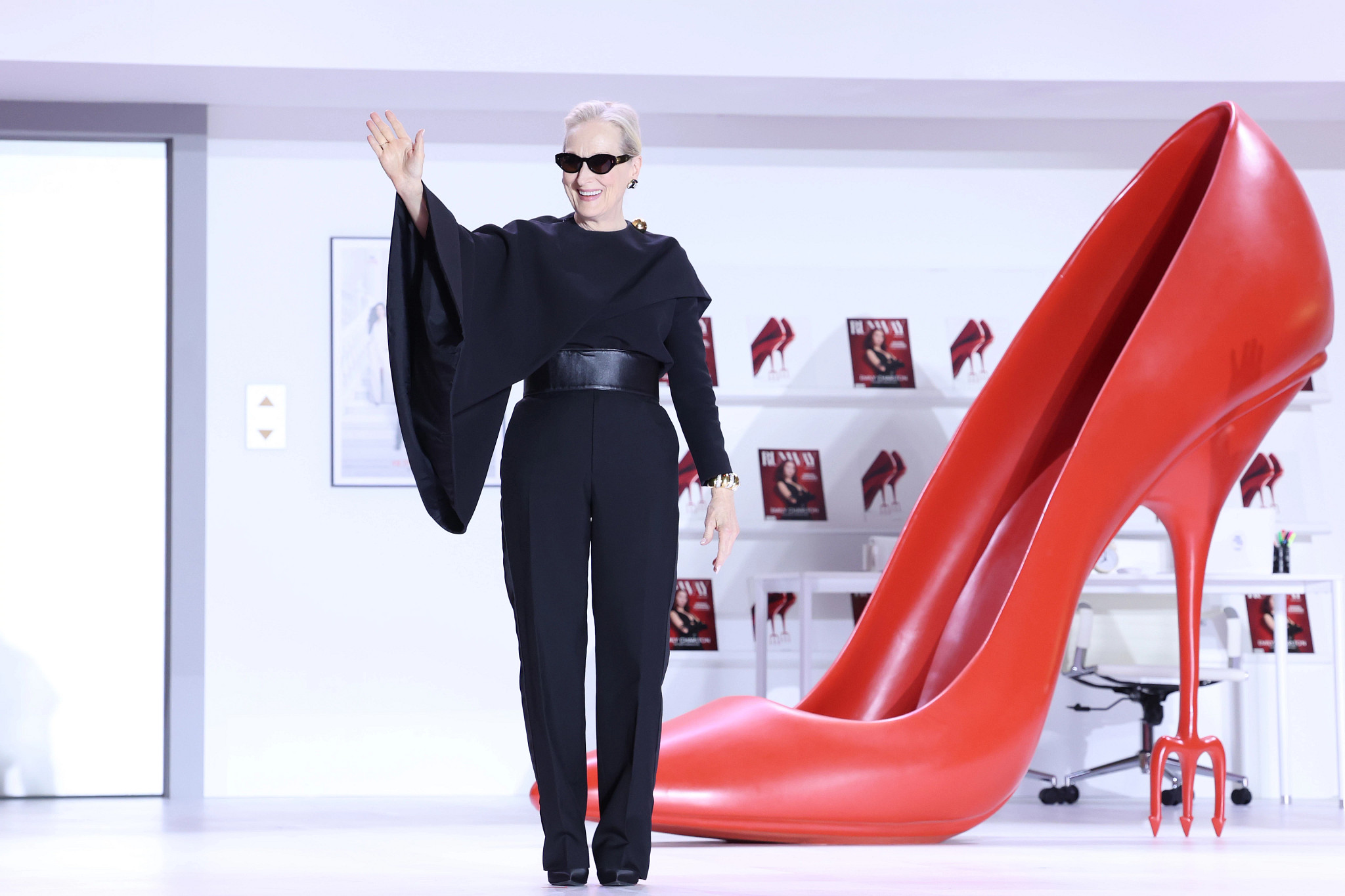 Streep wears a custom all-black Celine