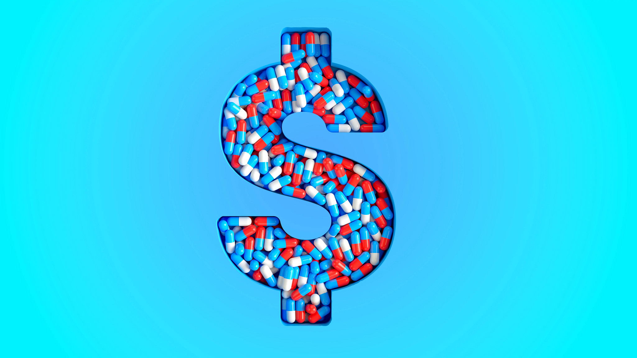 A dollar sign filled with colorful prescription capsules on a blue background