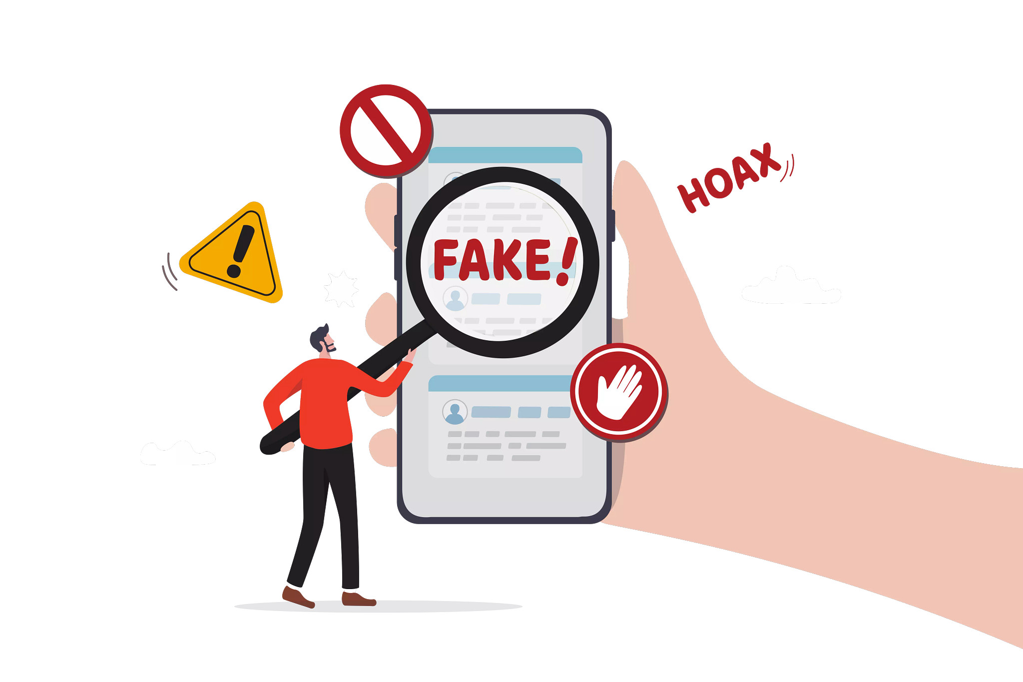 Fake news, false information sharing on social media, hoax or lies censorship, fake website cheating, scam or dishonesty report concept, man magnifying glass on social media as fake news attention.