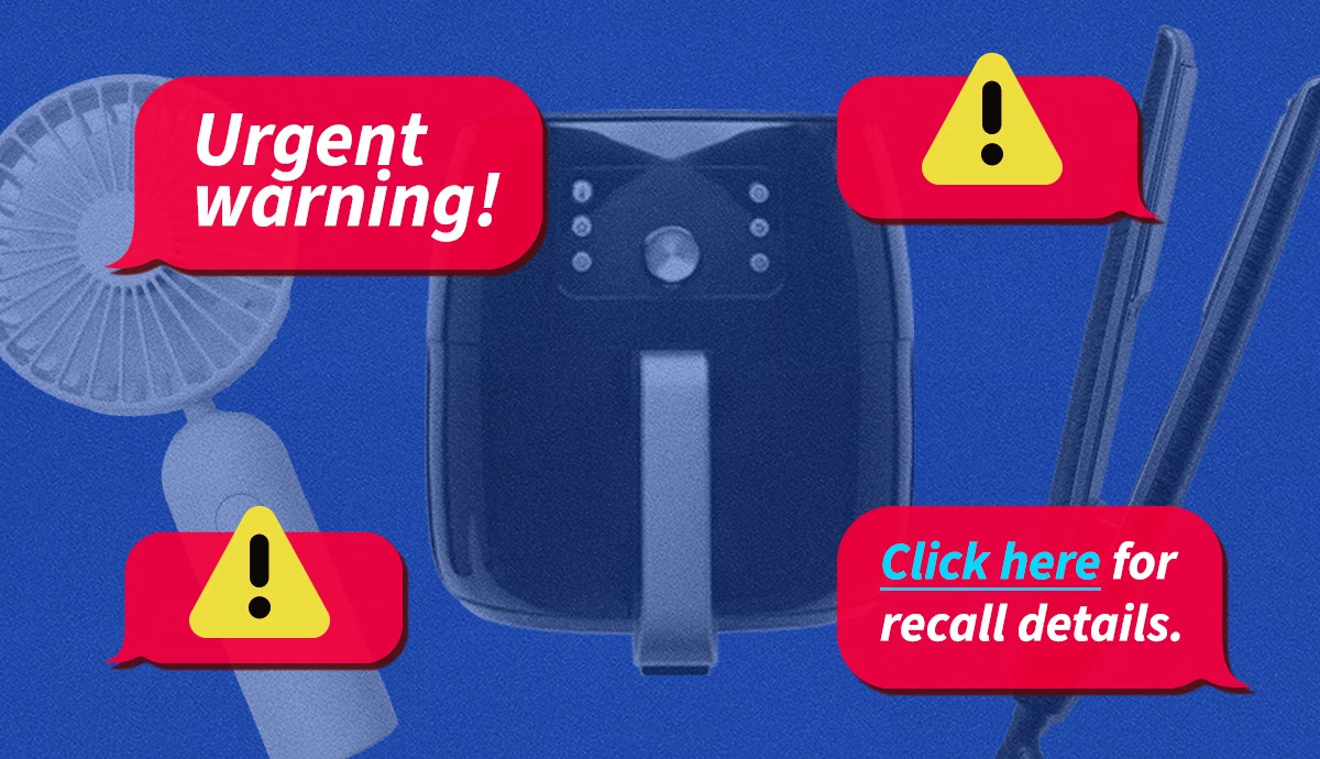 An air fryer, a portable fan, and a hair straightener set against a blue background, overlaid with red speech bubbles containing warning icons