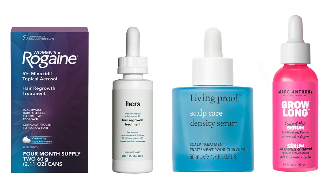 Treatments for hair loss and thinning hair Rogaine Women’s 5% Minoxidil Foam for Hair Regrowth; Hers Women’s Minoxidil 2% Topical Solution Hair Regrowth Treatment; Living Proof Scalp Care Density Serum; Marc Anthony Grow Long Scalp and Hair Serum