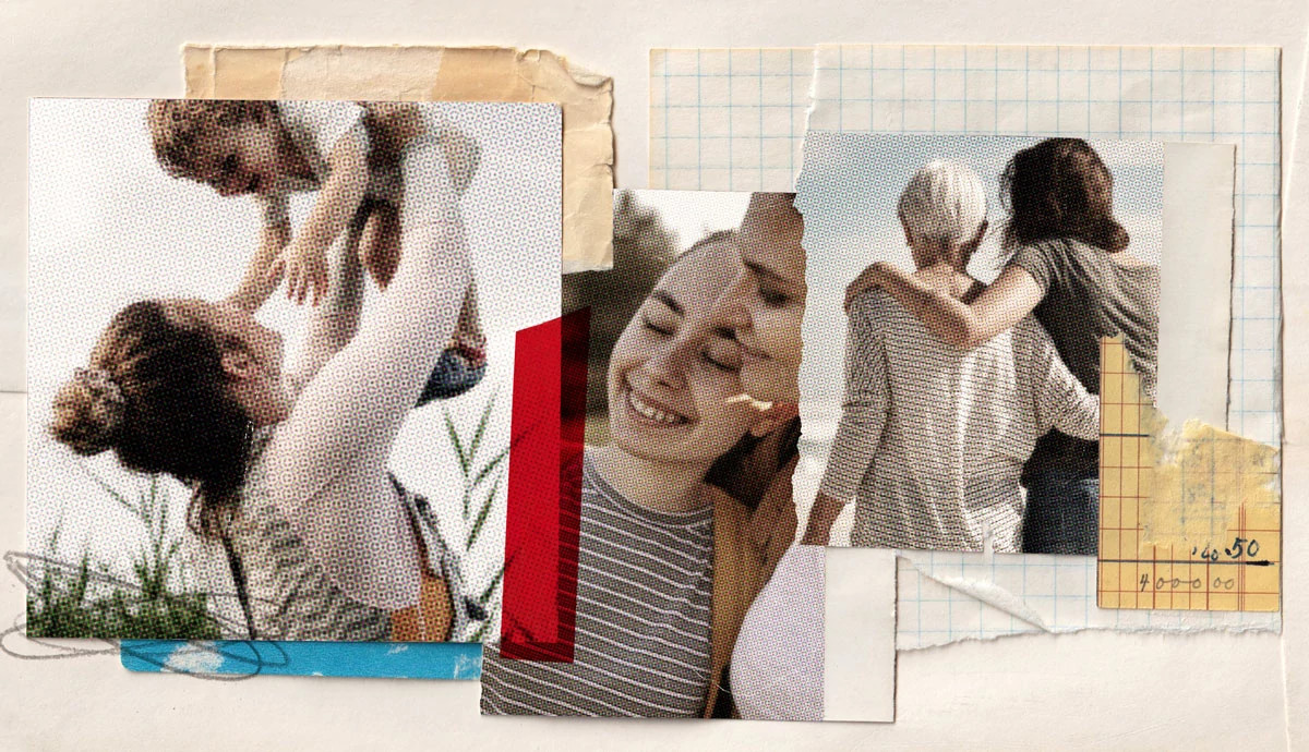 Photo collage showing three scenes of mothers and daughters bonding in different stages of life.