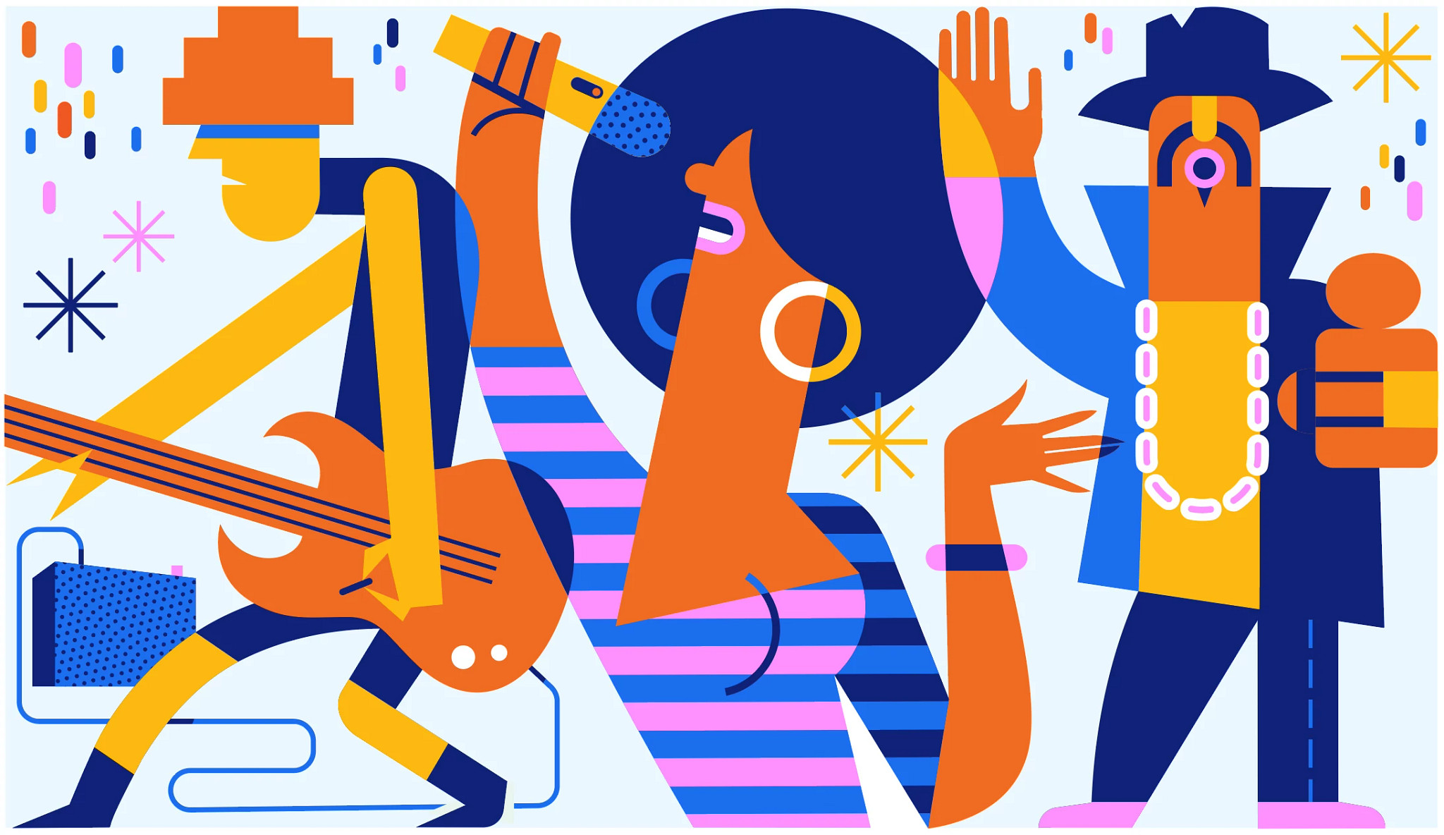stylized likenesses of Devo, Lipps Inc. and Sir Mix-a-Lot
