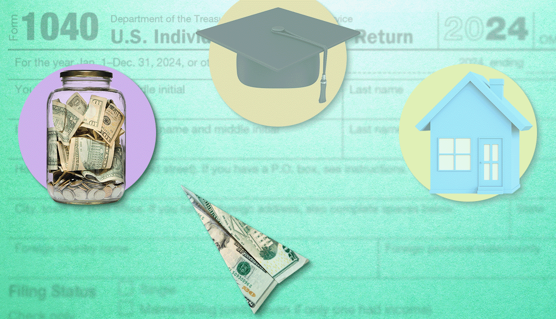 Spend Your Tax Refund money in the shape of an arrow pointing at different things to spend it on