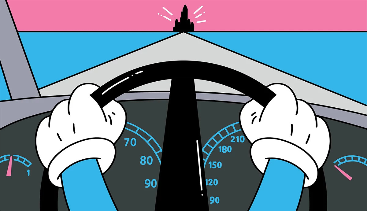 an illustration of a person wearing Mickey Mouse gloves driving on a road