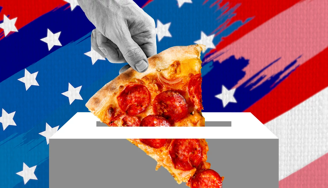 Election Day Freebies and Deals a slice of pizza is being placed in a voting box