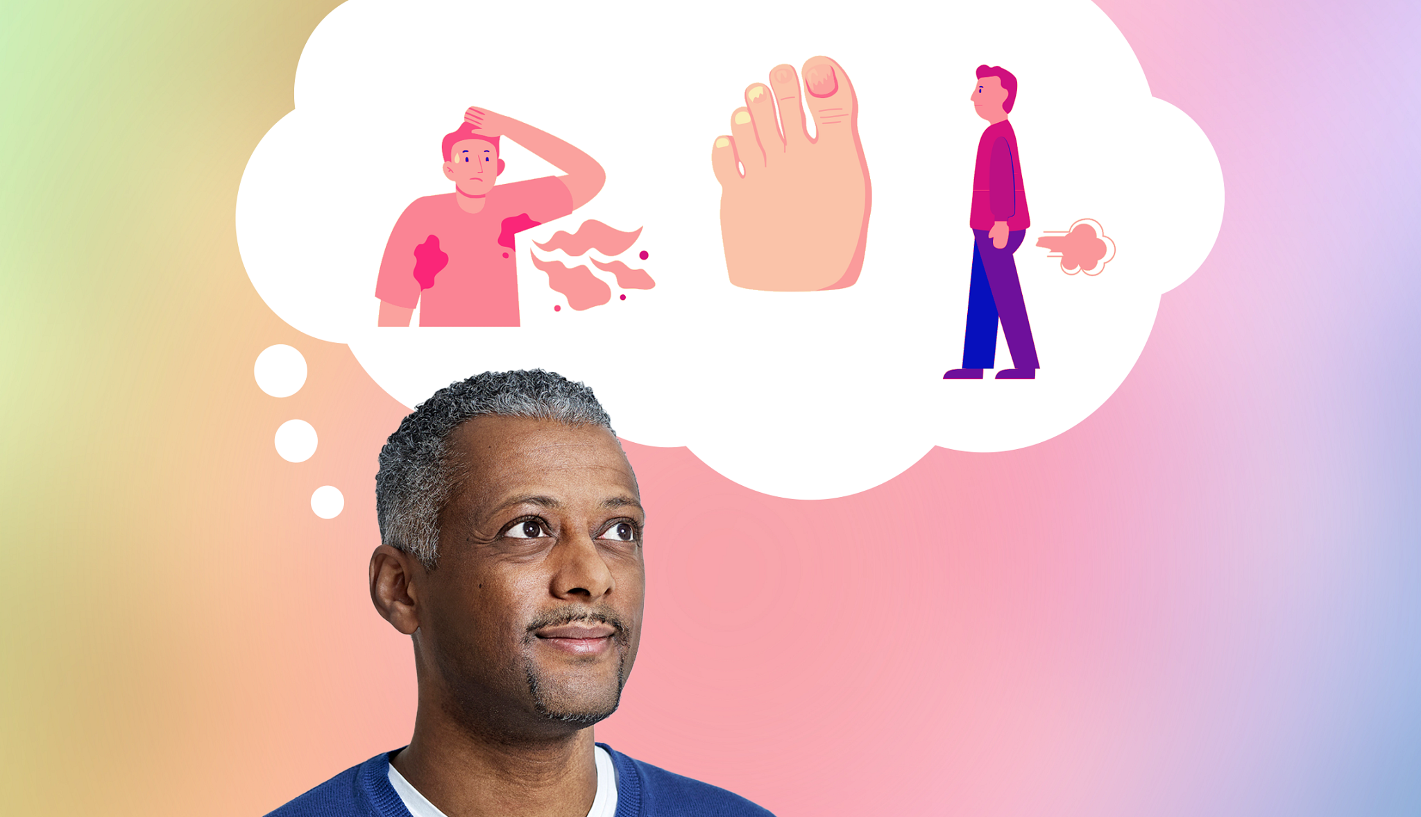 Embarrassing Health Conditions man thinking about embarassing health conditions like flatulence, body odor, and food problems