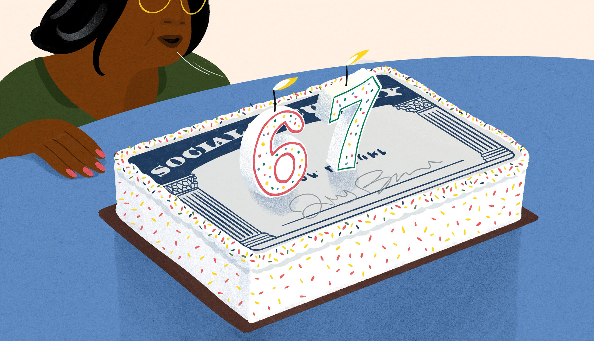 A cake shaped like a Social Security card displays the number 67