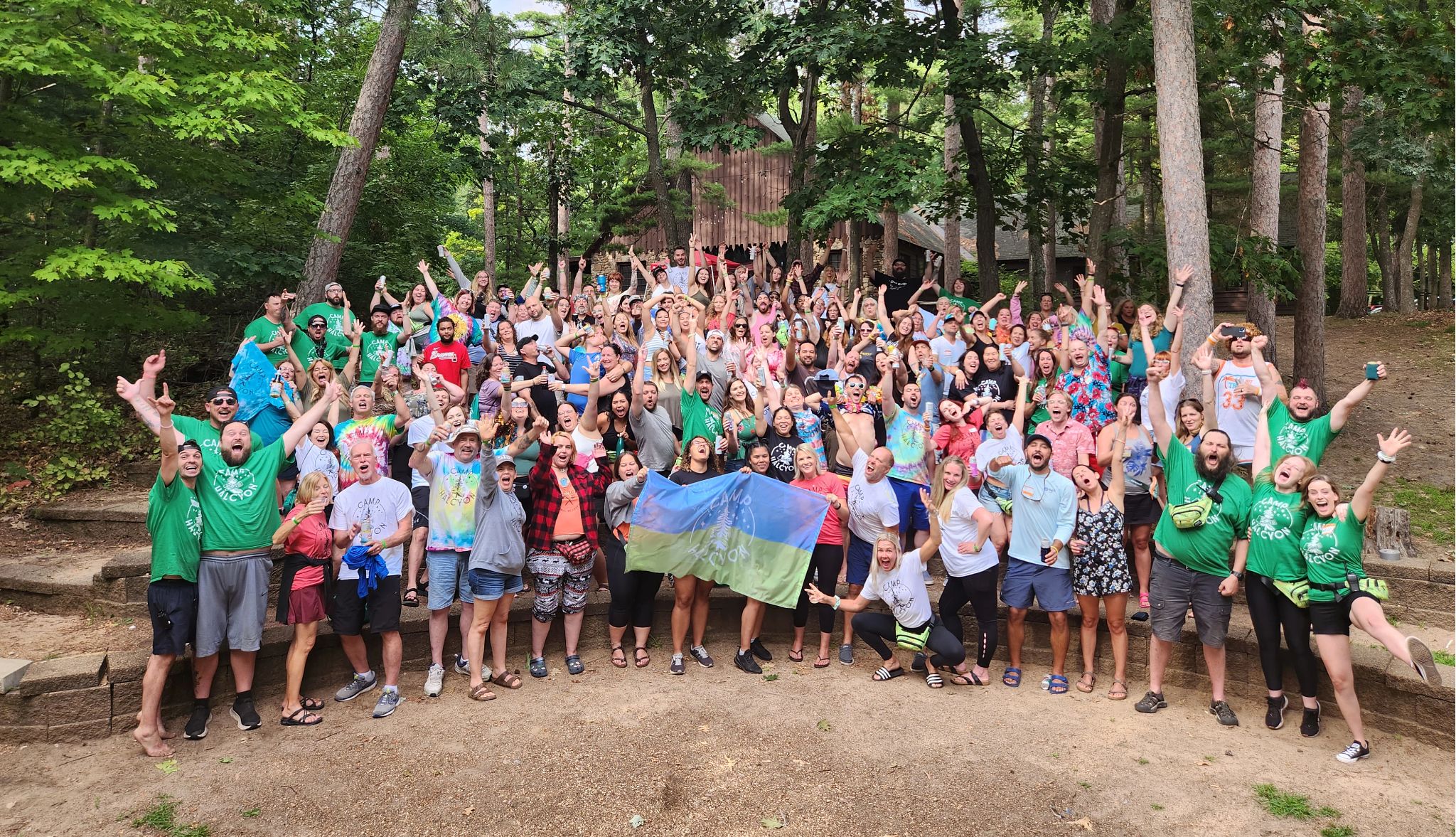 group of adult campers at Camp Wandawega in Elkhorn, Wisconsin.