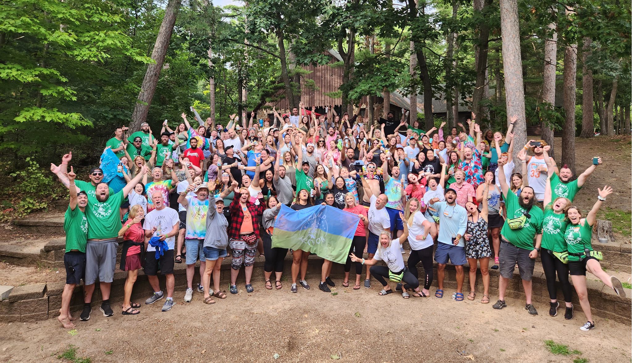 Camp Wandawega in Elkhorn, Wisconsin. group of adult campers at Camp Wandawega in Elkhorn, Wisconsin.