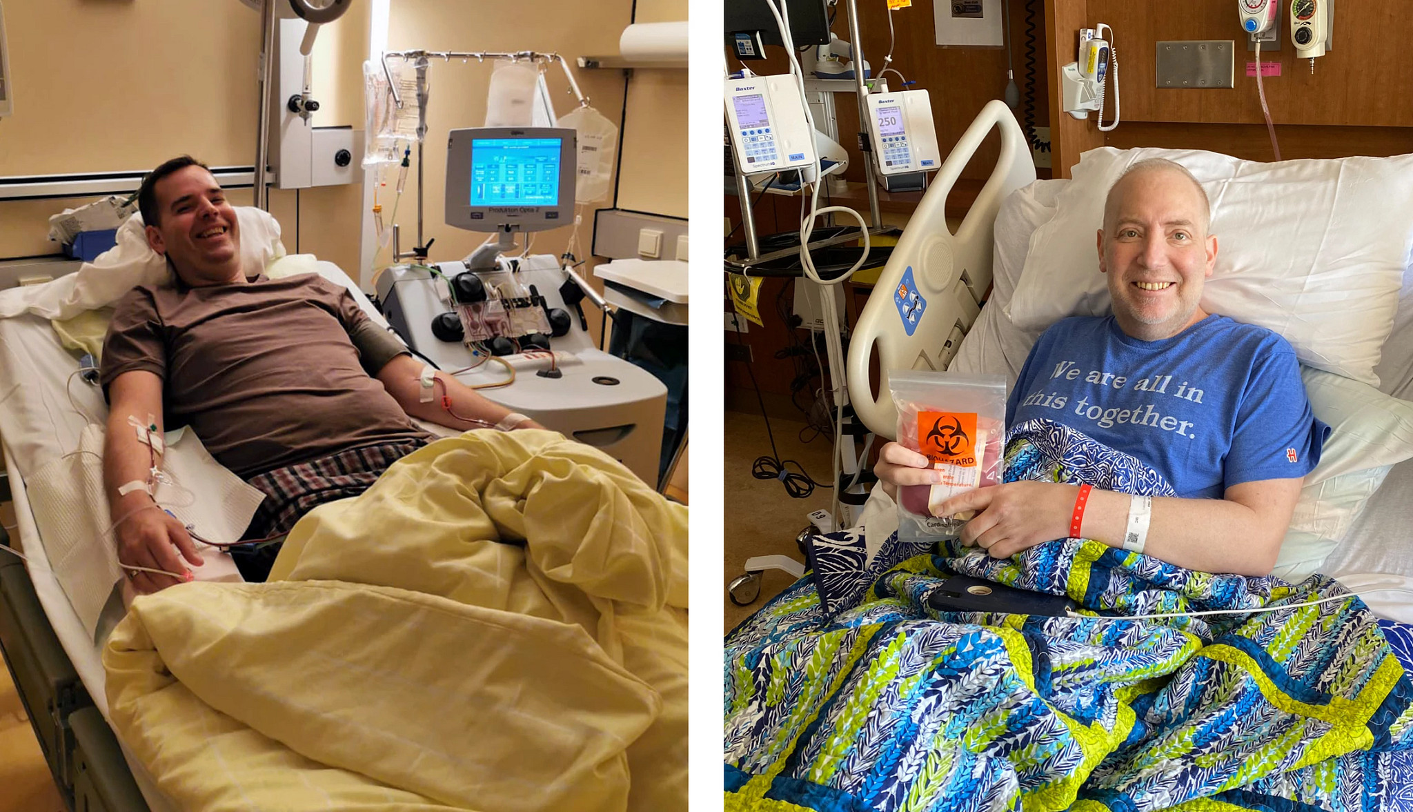 two people laying in hospital beds