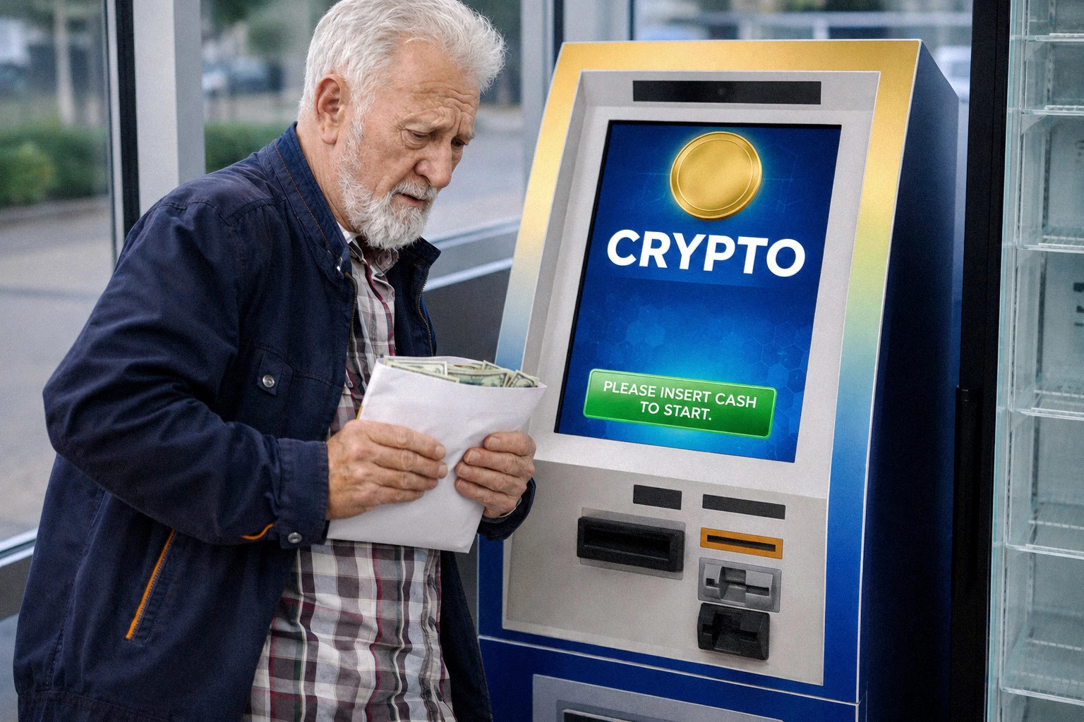 An individual reviews cash before initiating a cryptocurrency transaction at an ATM.