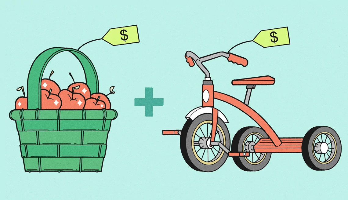 An illustration of a basket of apples and a tricycle with price tags on them