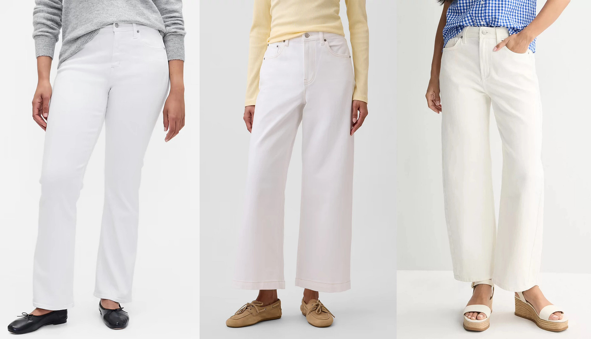 a collage with three models wearing different styles of white jeans