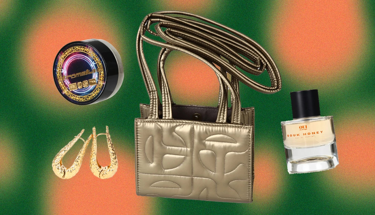 Sweepstakes items featuring a metallic quilted handbag, gold statement earrings, premium cosmetic product and perfume bottle.