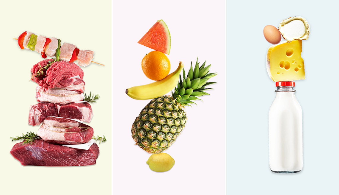 collage of meats, fruits and dairy