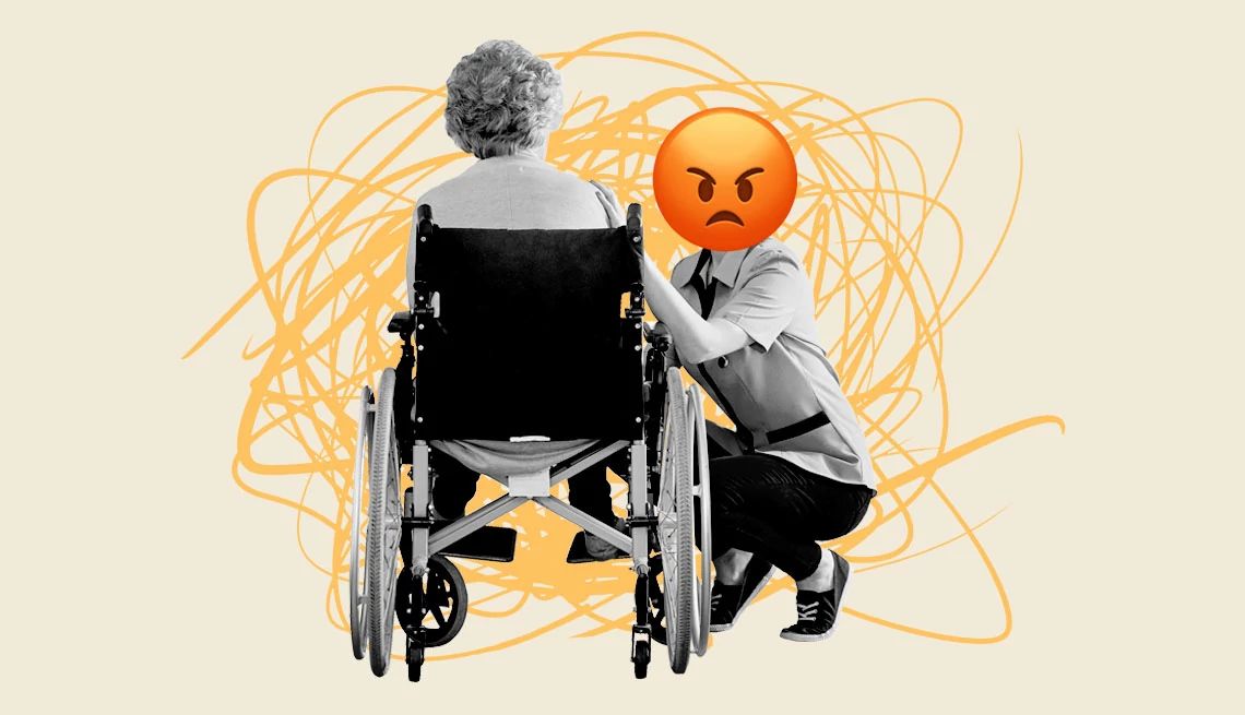  Ilustración de una persona en silla de ruedas y su cuidador con una cara en forma de emoji enojado.