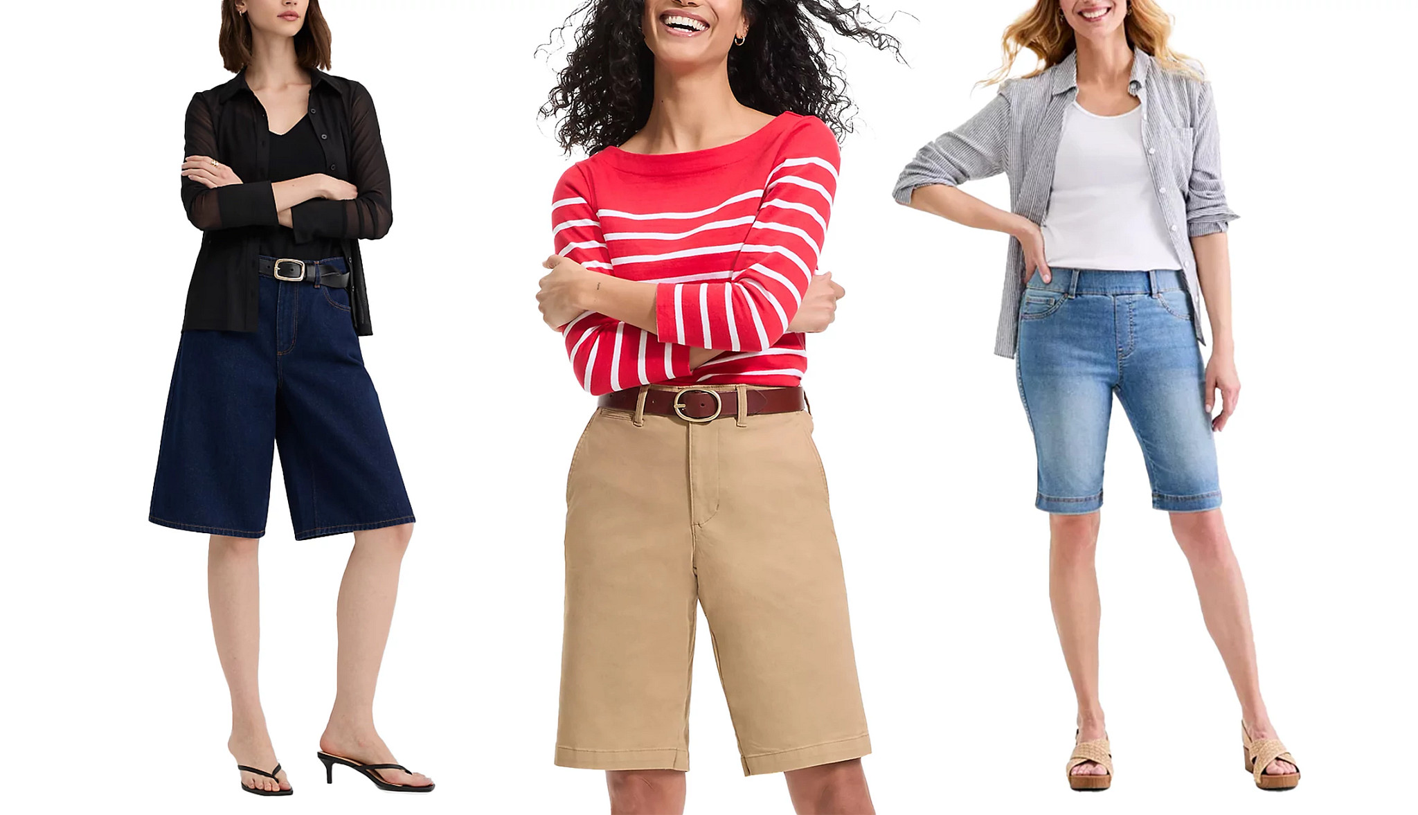 three models wearing easy summer ensembles featuring bermuda shorts