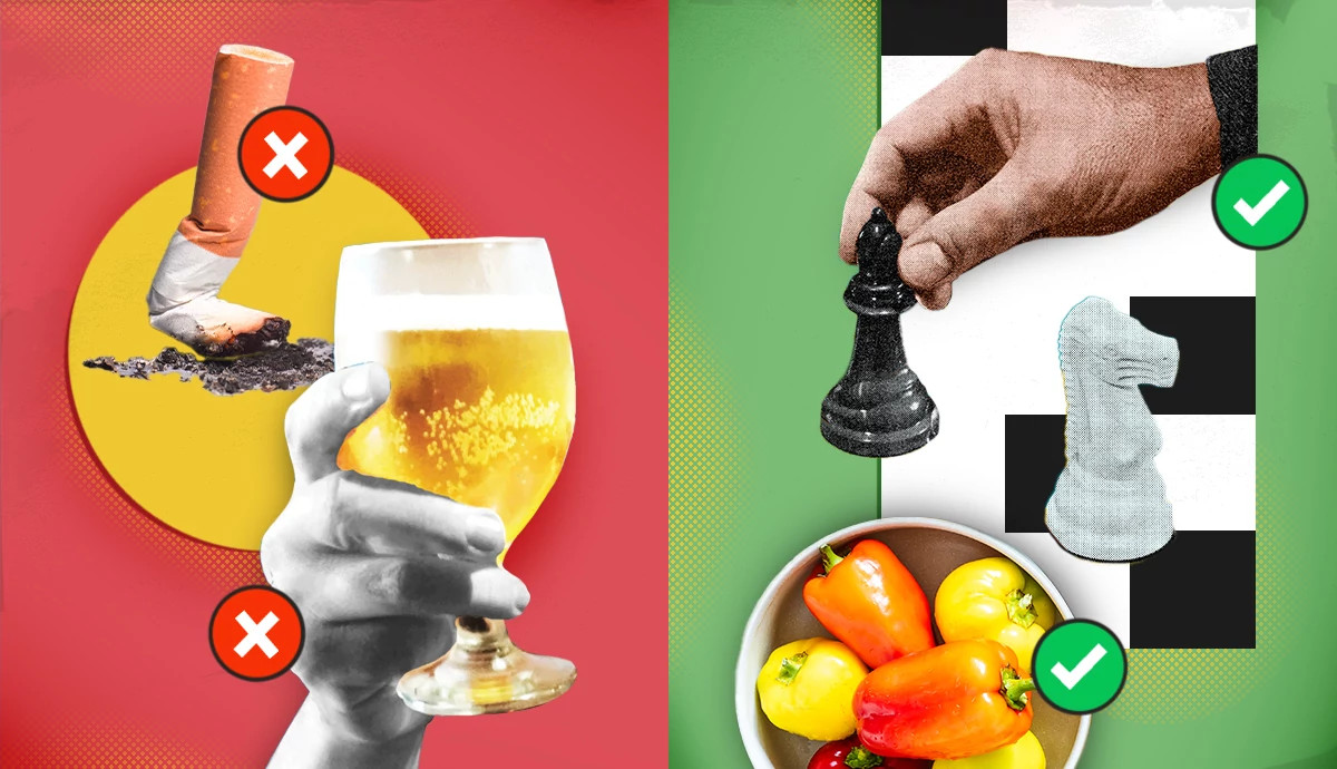 Icons of red X's beside a cigarette and beer and icons of green checkmarks beside chess pieces and bell peppers