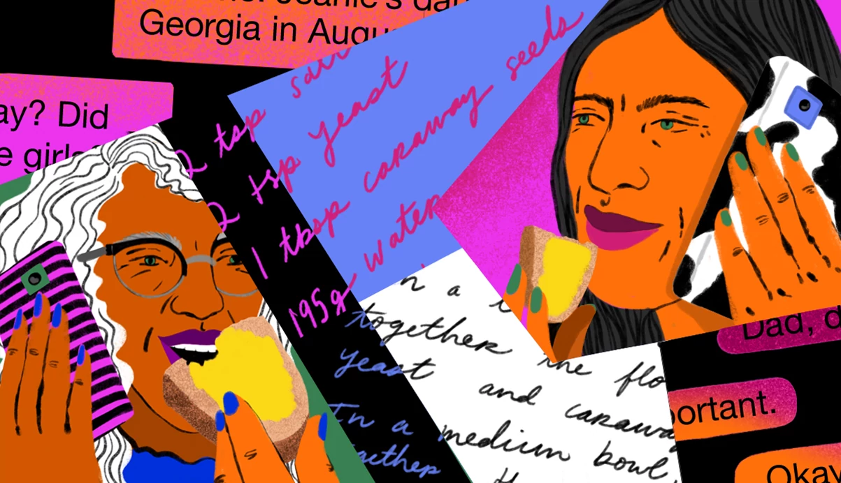 illustration of woman speaking to her mother
