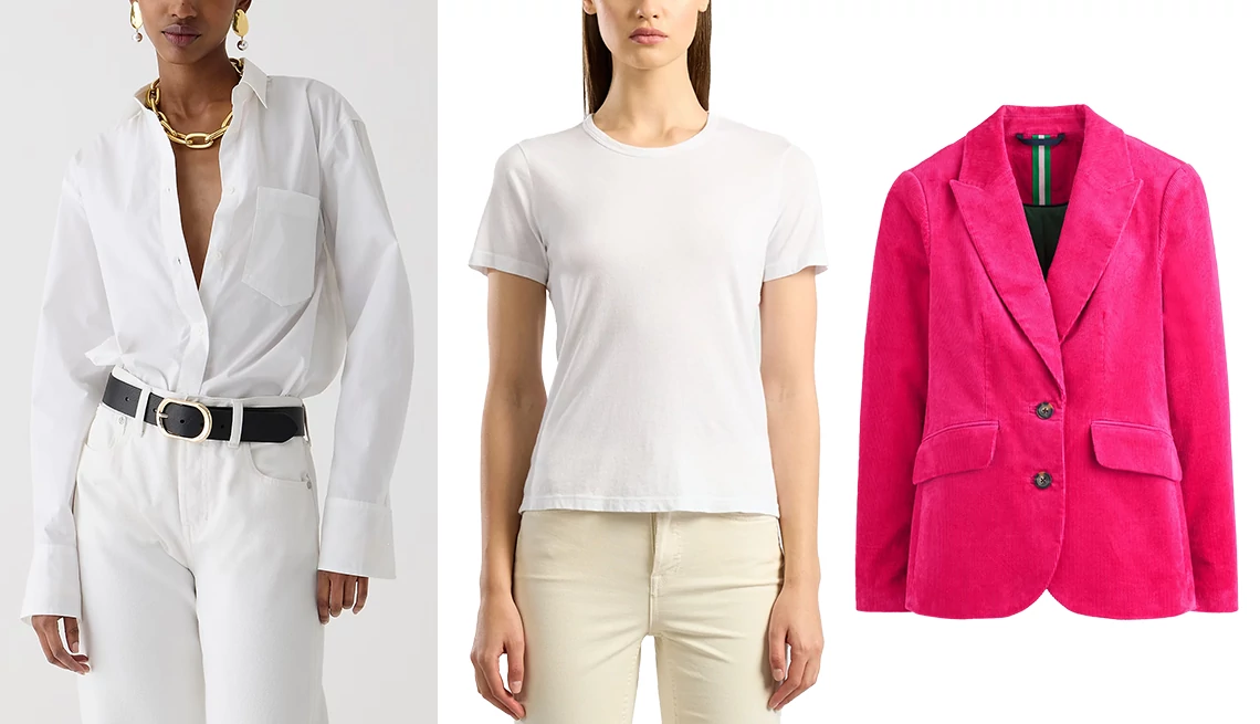 J. Crew Women Garcon Classic Shirt in Cotton Poplin in White; CottonCitizen Standard Tee in White; Boden Women’s Marylebone Cord Blazer in Cherries Jubilee
