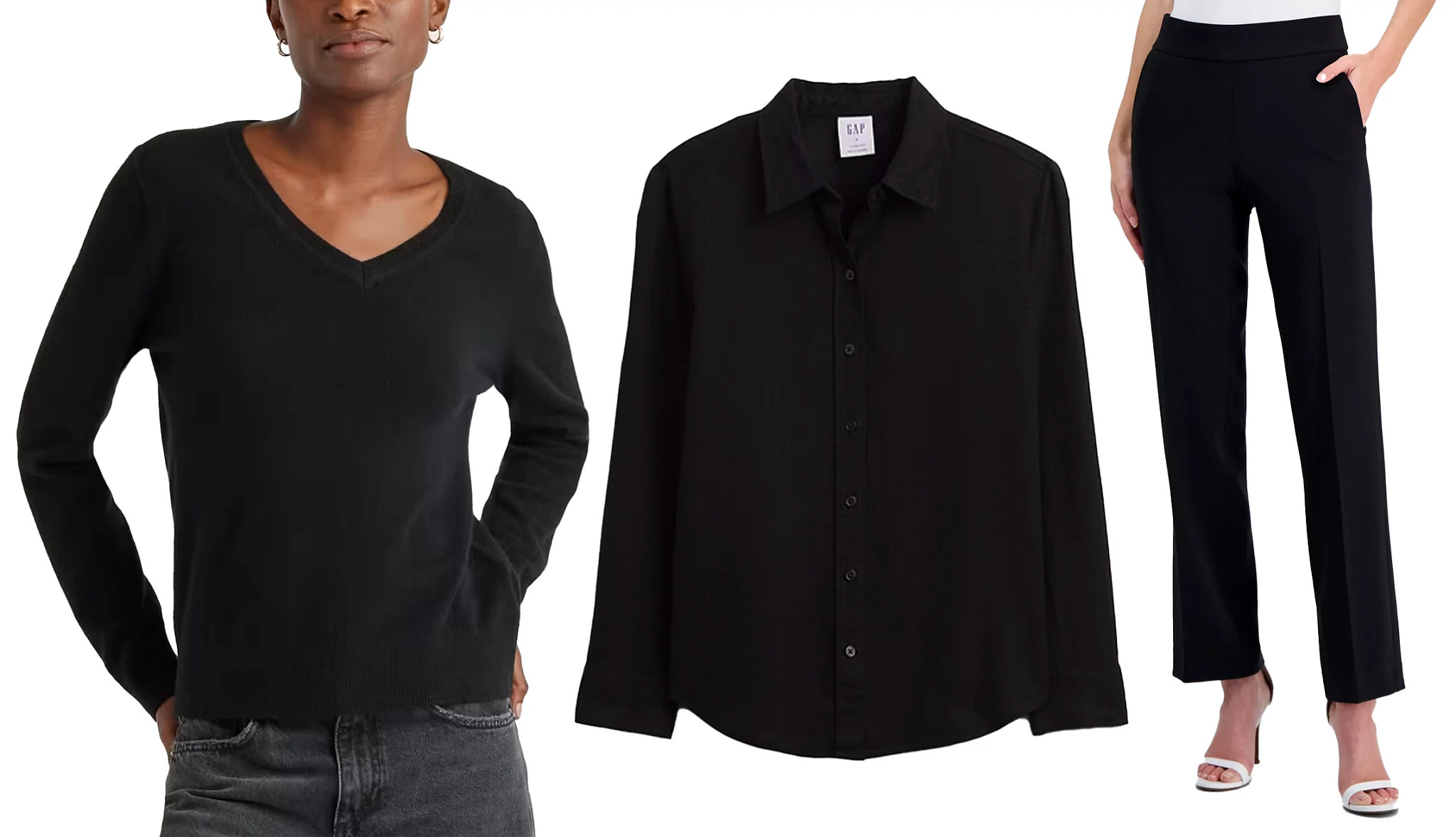 a collage with models wearing basic clothing in black