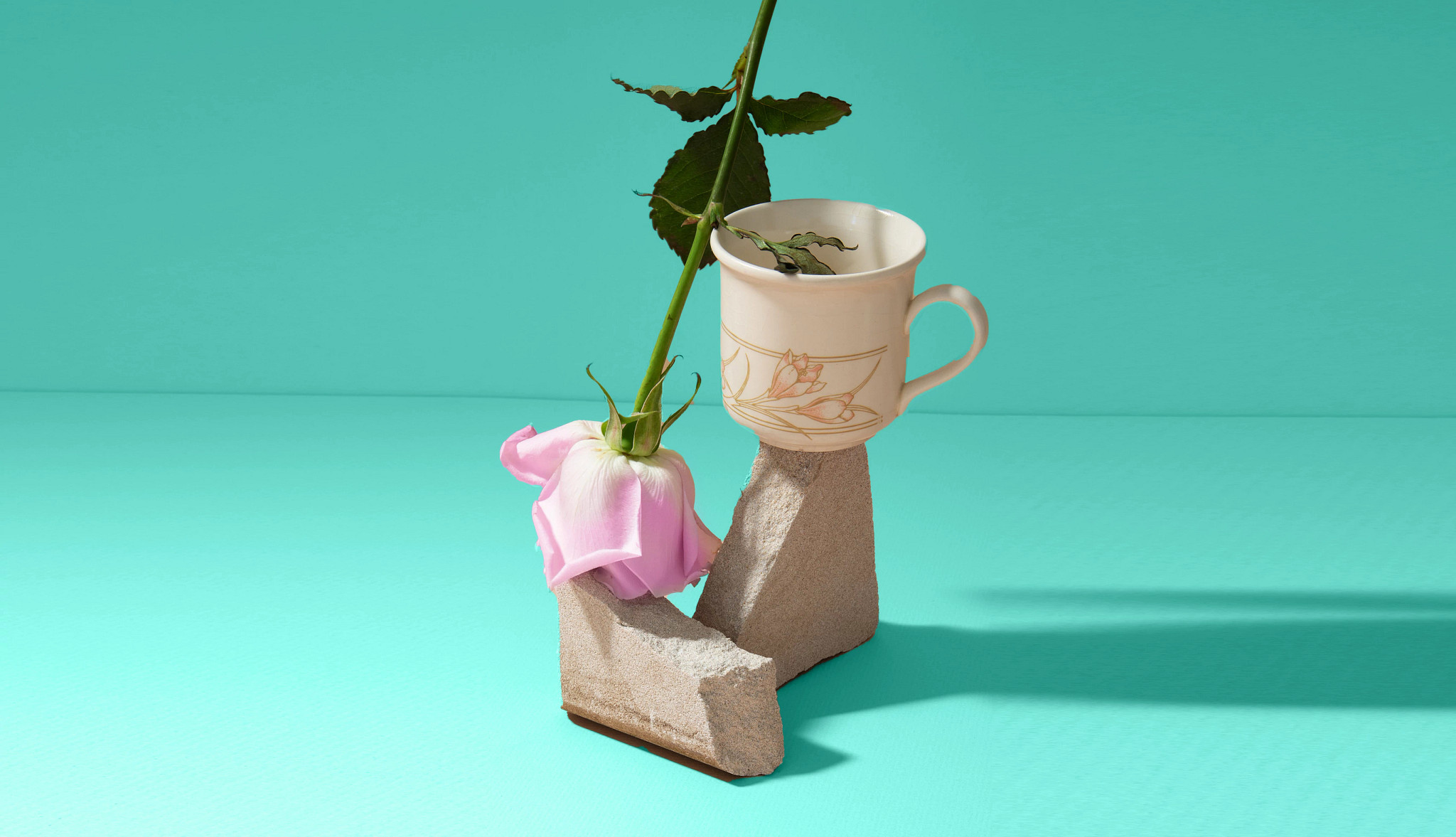 Minimalist still life photo of a pink rose and a vintage coffee cup arranged on sculptural blocks against a turquoise background