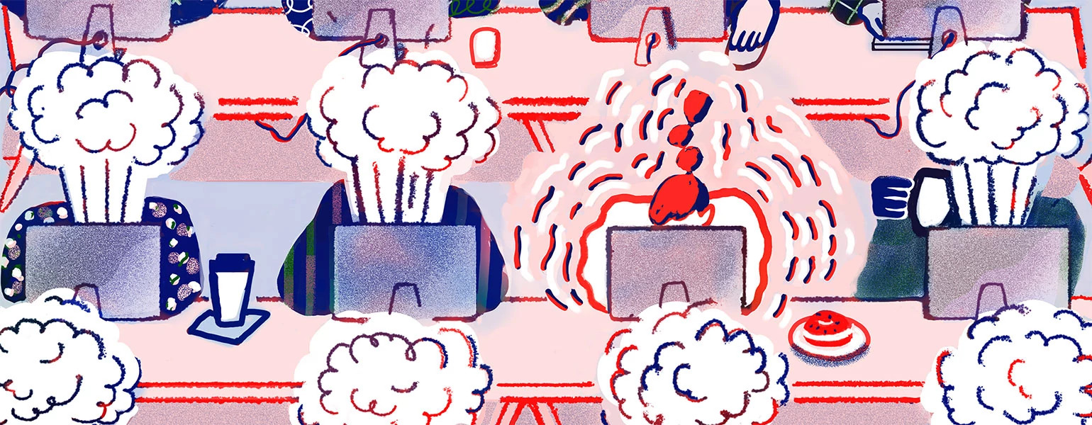 A graphic of a person bent embarrassed over their laptop as the people around them read a mistakenly sent reply all email.