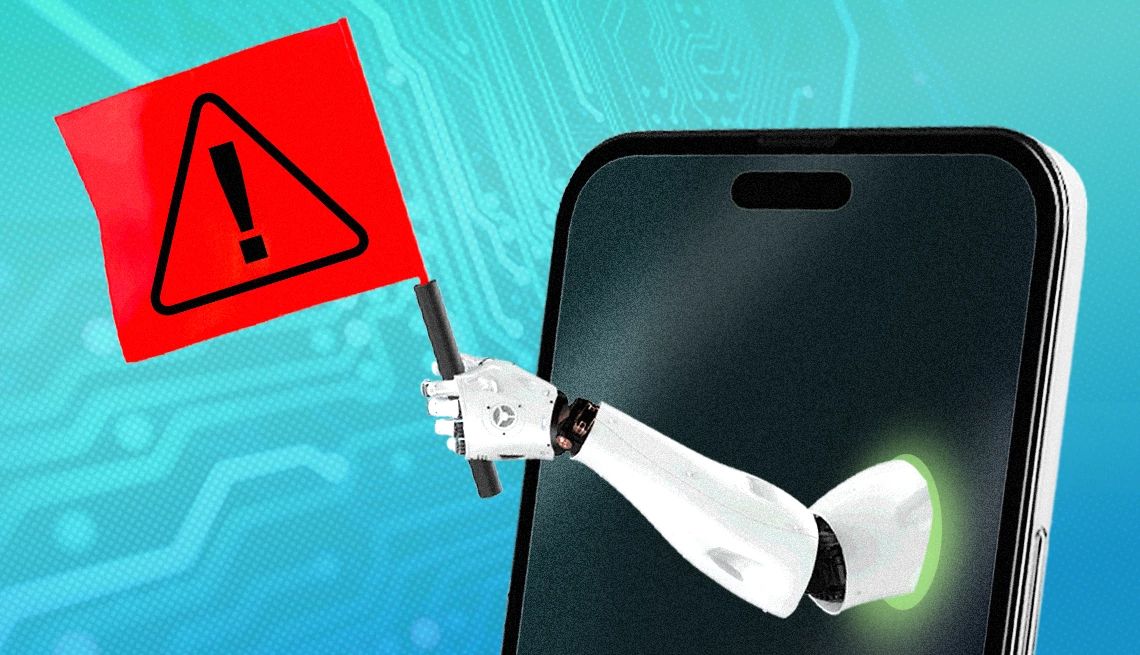 Utilizan IA para detectar fraudes y estafas en teléfonos Android. Un brazo robótico, que sostiene una bandera roja con un signo de exclamación negro, se extiende desde un teléfono inteligente