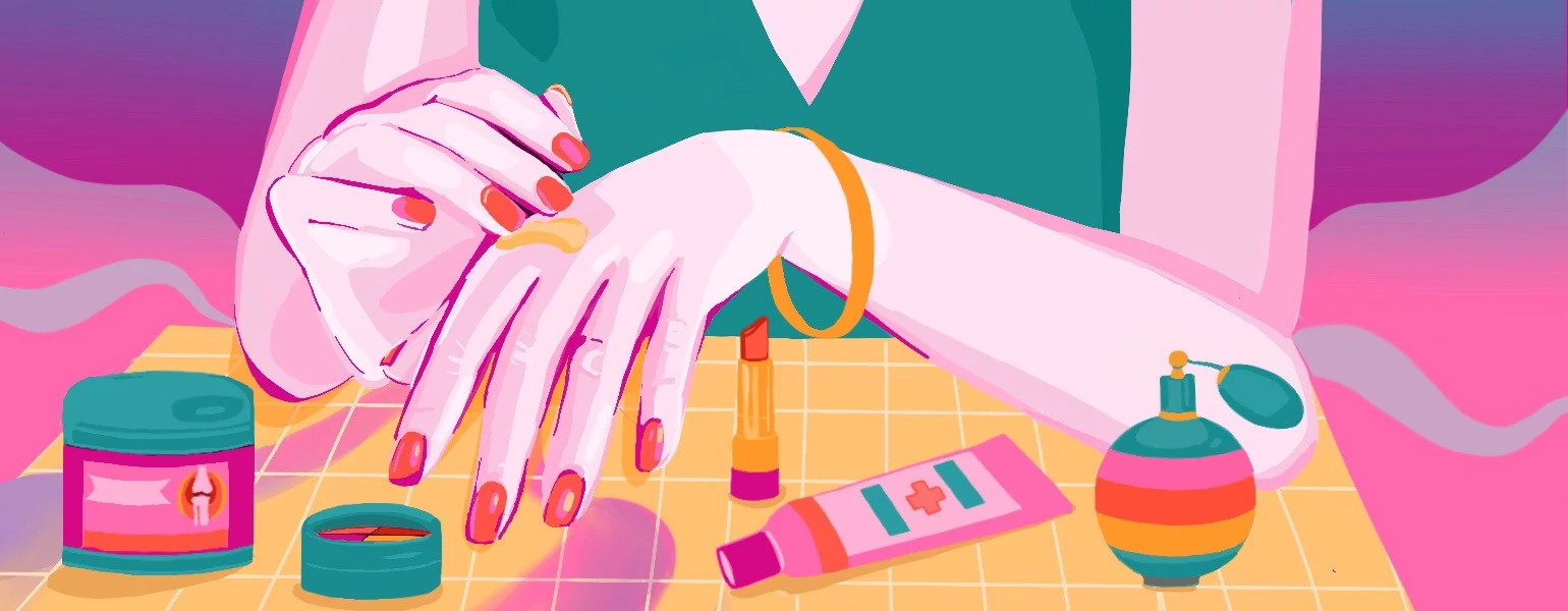 Illustration of a woman putting cream on her knuckles where arthritis pain can occur.