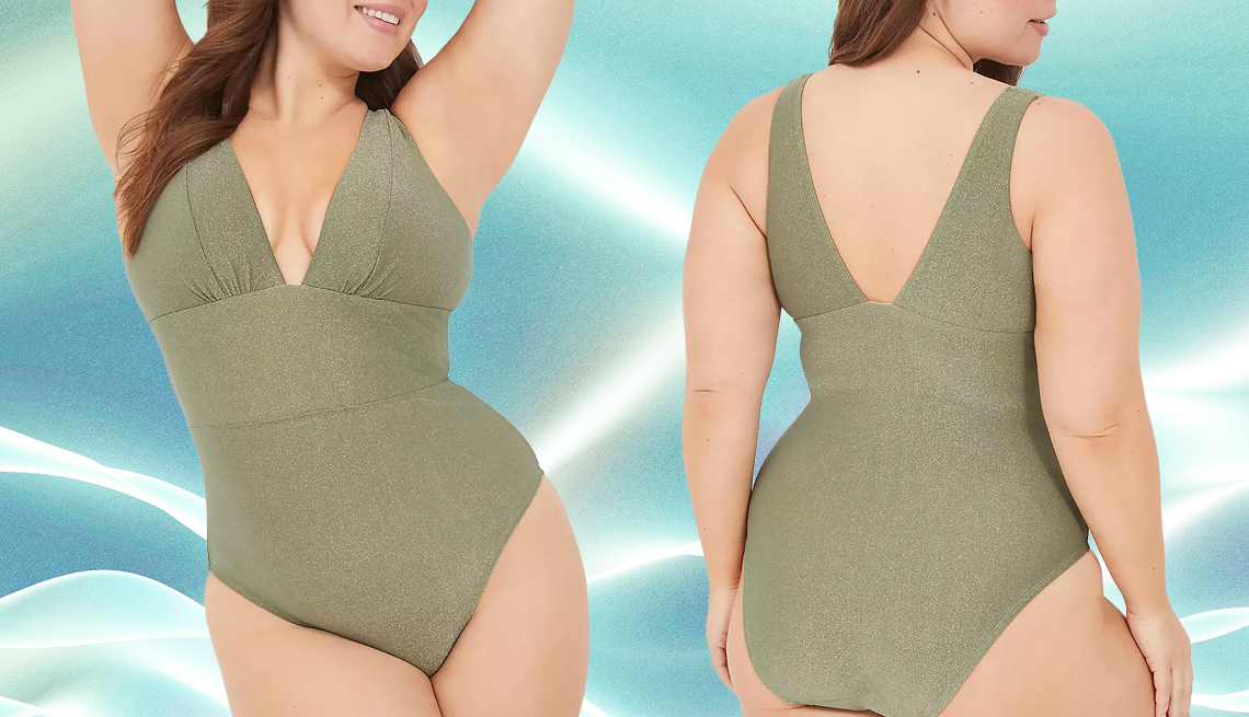 No wire plunge one piece swimsuit Lane Bryant Lurex No-Wire Plunge One-Piece